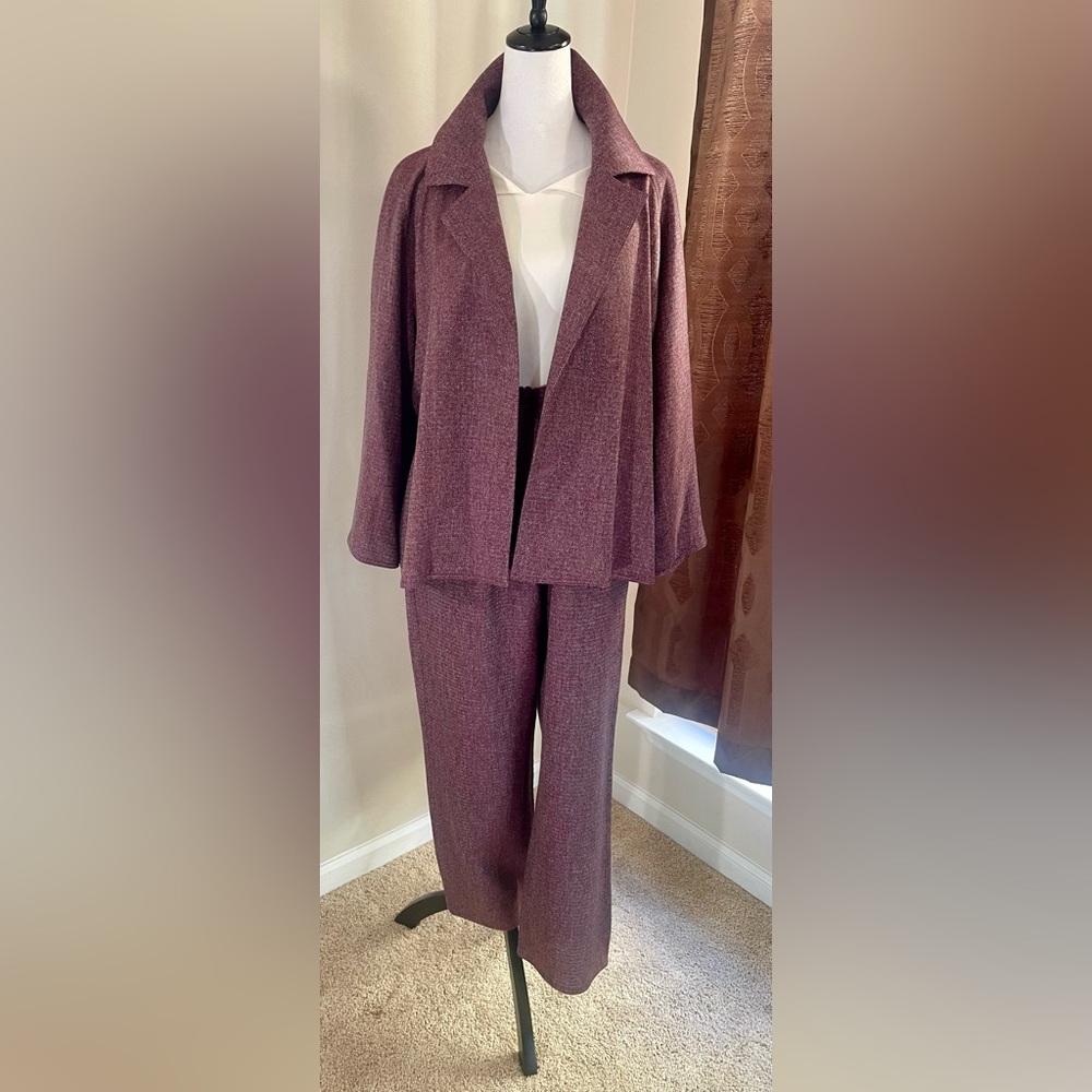 Zoran Vintage Designer 100% Wool 2pc Raspberry Pant Set Open Front Jacket Rare!